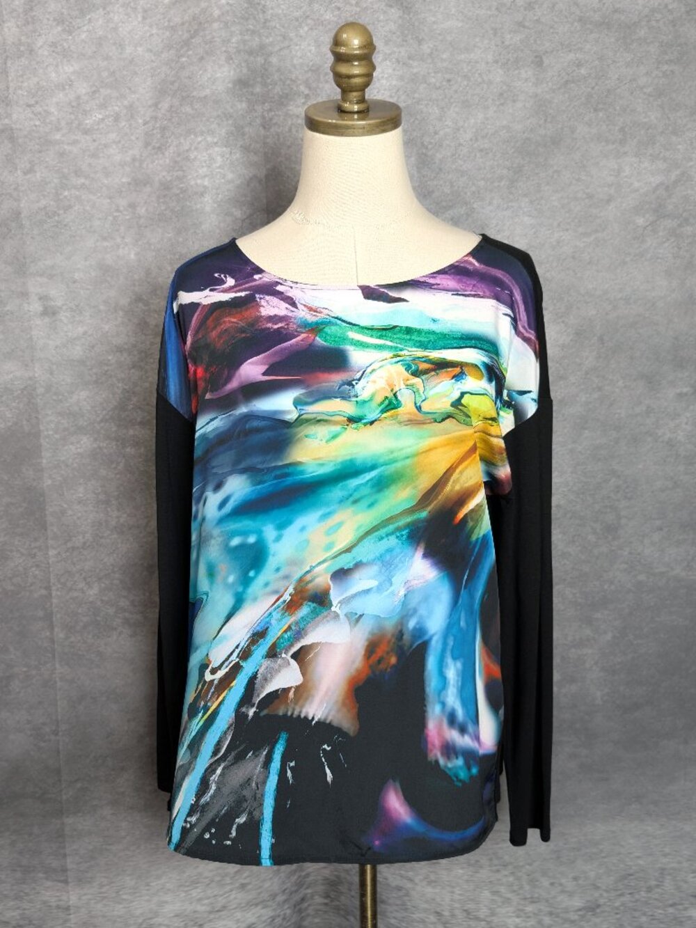 Chicos Vibrant Watercolor Digital Art Fluid Print Knit Blouse M 1 Black Top